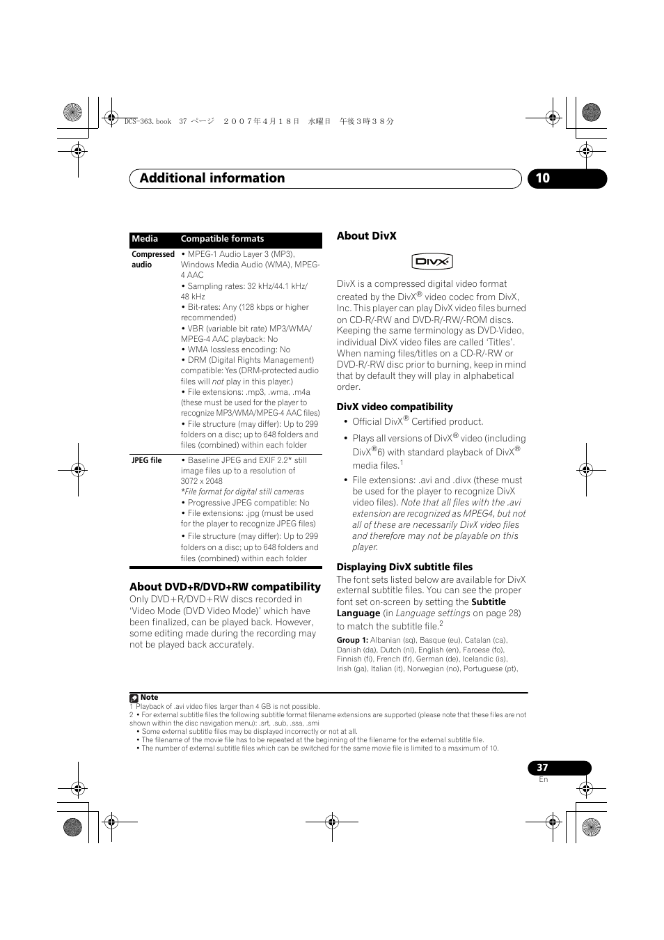 About dvd+r/dvd+rw compatibility, About divx, Additional information 10 | Pioneer DCS-370 User Manual | Page 37 / 48