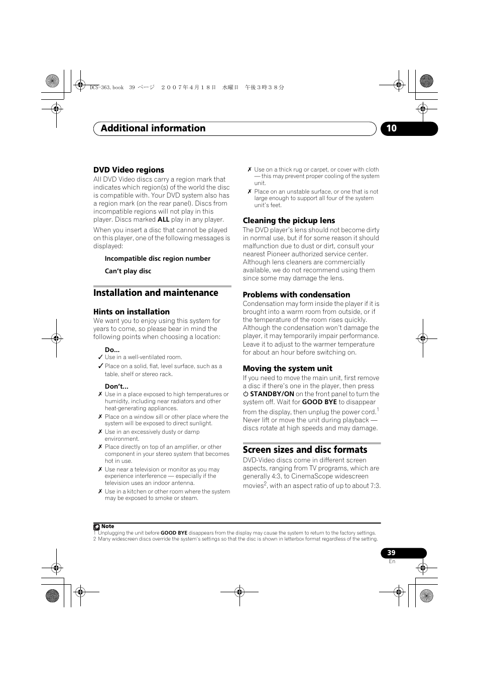 Dvd video regions, Installation and maintenance, Hints on installation | Cleaning the pickup lens, Problems with condensation, Moving the system unit, Screen sizes and disc formats, Additional information 10 | Pioneer DCS-370 User Manual | Page 39 / 48