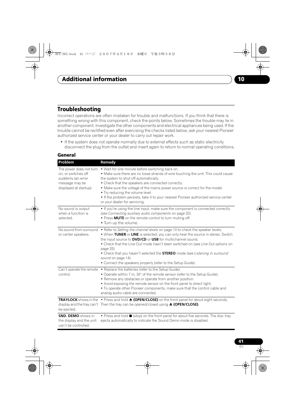Troubleshooting, General, Additional information 10 | Pioneer DCS-370 User Manual | Page 41 / 48