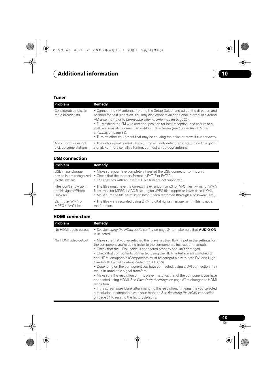 Tuner, Usb connection, Hdmi connection | Additional information 10 | Pioneer DCS-370 User Manual | Page 43 / 48