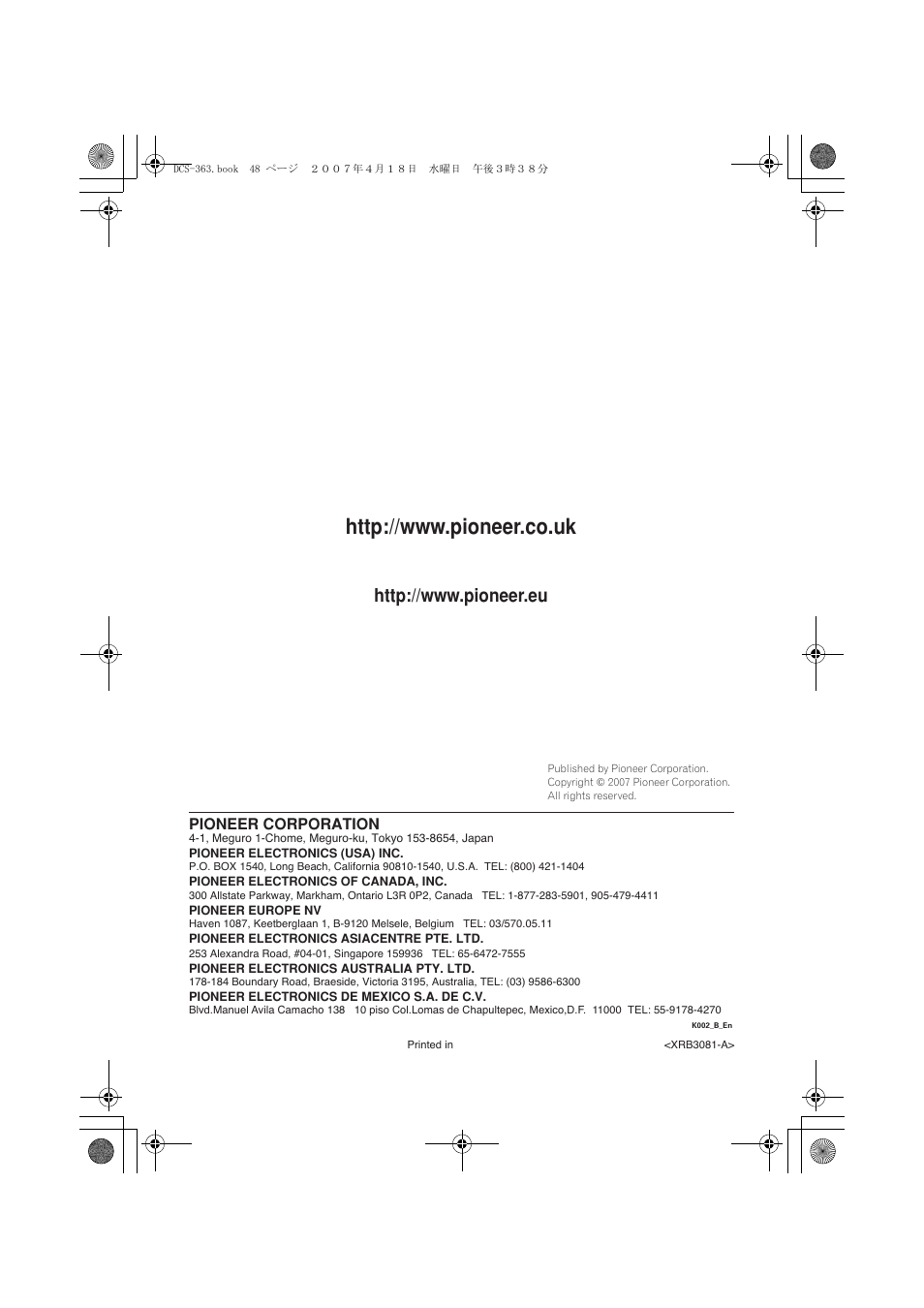 Pioneer corporation | Pioneer DCS-370 User Manual | Page 48 / 48