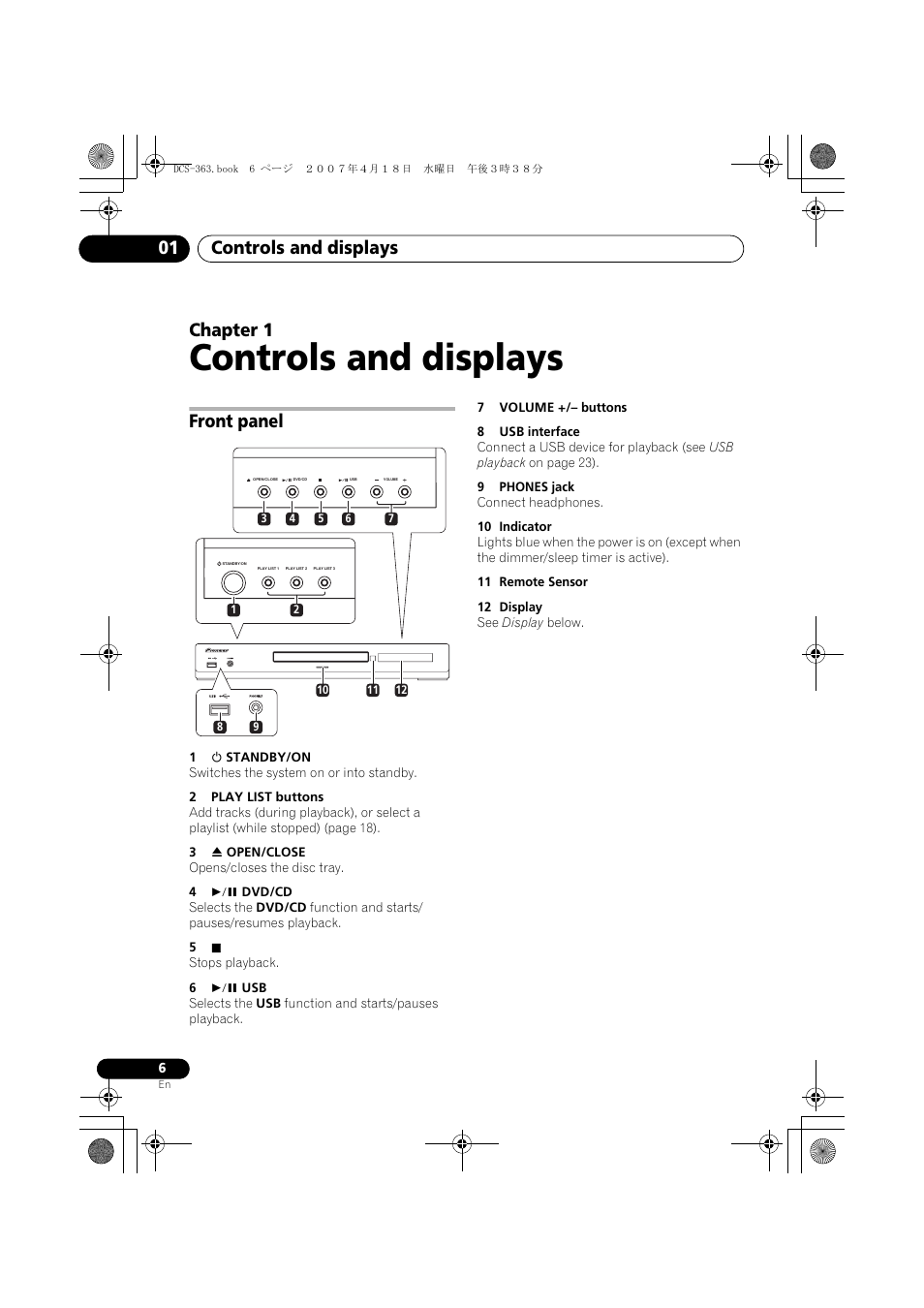 01 controls and displays, Front panel, Controls and displays | Controls and displays 01, Chapter 1 | Pioneer DCS-370 User Manual | Page 6 / 48