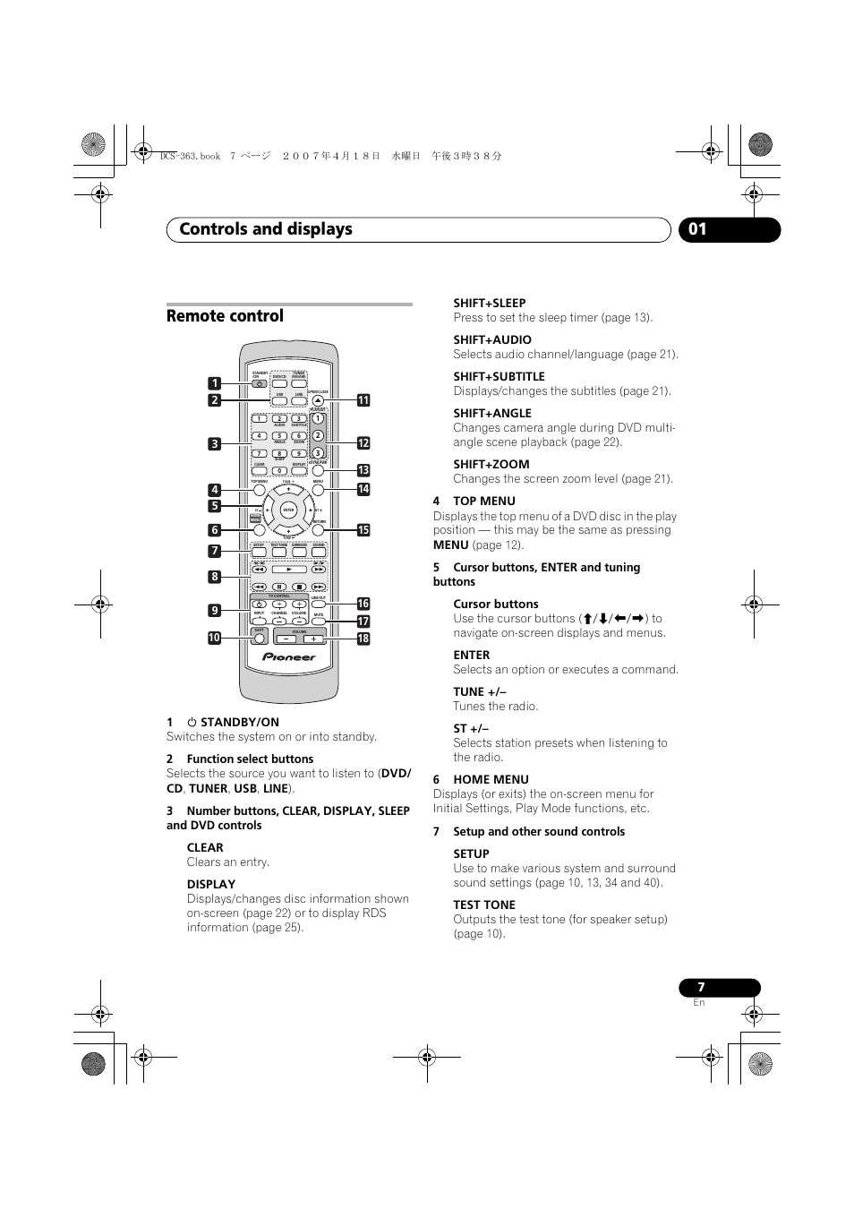 Remote control, Controls and displays 01 | Pioneer DCS-370 User Manual | Page 7 / 48