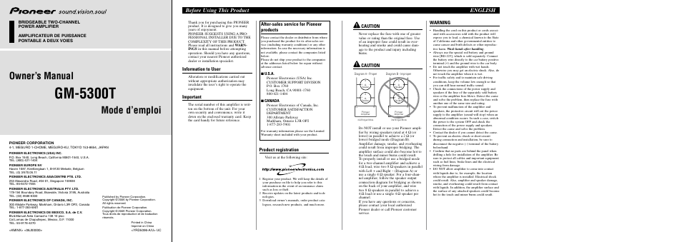 Pioneer BRIDGEABLE TWO-CHANNEL POWER AMPLIFIER GM-5300T User Manual | 8 pages