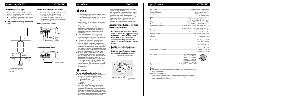 Connecting the unit english, Specifications english installation english, Using the speaker input | Connecting the speaker wires | Pioneer BRIDGEABLE TWO-CHANNEL POWER AMPLIFIER GM-5300T User Manual | Page 3 / 8
