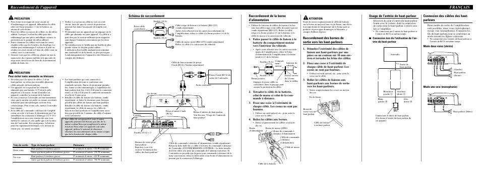 Raccordement de l’appareil français, Usage de l’entrée de haut-parleur, Connexion des câbles des haut- parleurs | Raccordement de la borne d’alimentation, Schéma de raccordement | Pioneer BRIDGEABLE TWO-CHANNEL POWER AMPLIFIER GM-5300T User Manual | Page 5 / 8