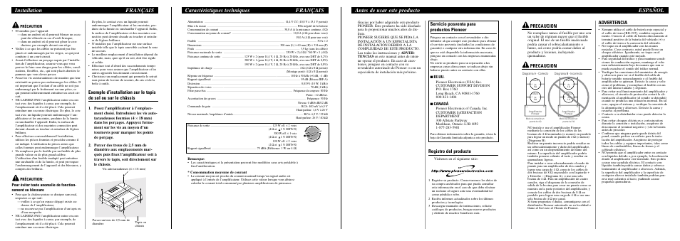 Antes de usar este producto español, Caractéristiques techniques français, Installation français | Precaucion, Advertencia, Registro del producto, Servicio posventa para productos pioneer, Précaution, 7 ee.uu, 7 canadá | Pioneer BRIDGEABLE TWO-CHANNEL POWER AMPLIFIER GM-5300T User Manual | Page 6 / 8