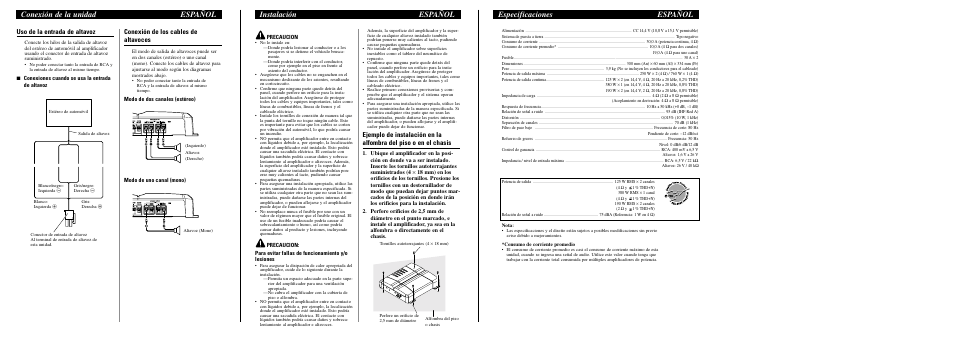 Especificaciones español, Instalación español, Conexión de la unidad español | Uso de la entrada de altavoz, Conexión de los cables de altavoces | Pioneer BRIDGEABLE TWO-CHANNEL POWER AMPLIFIER GM-5300T User Manual | Page 8 / 8