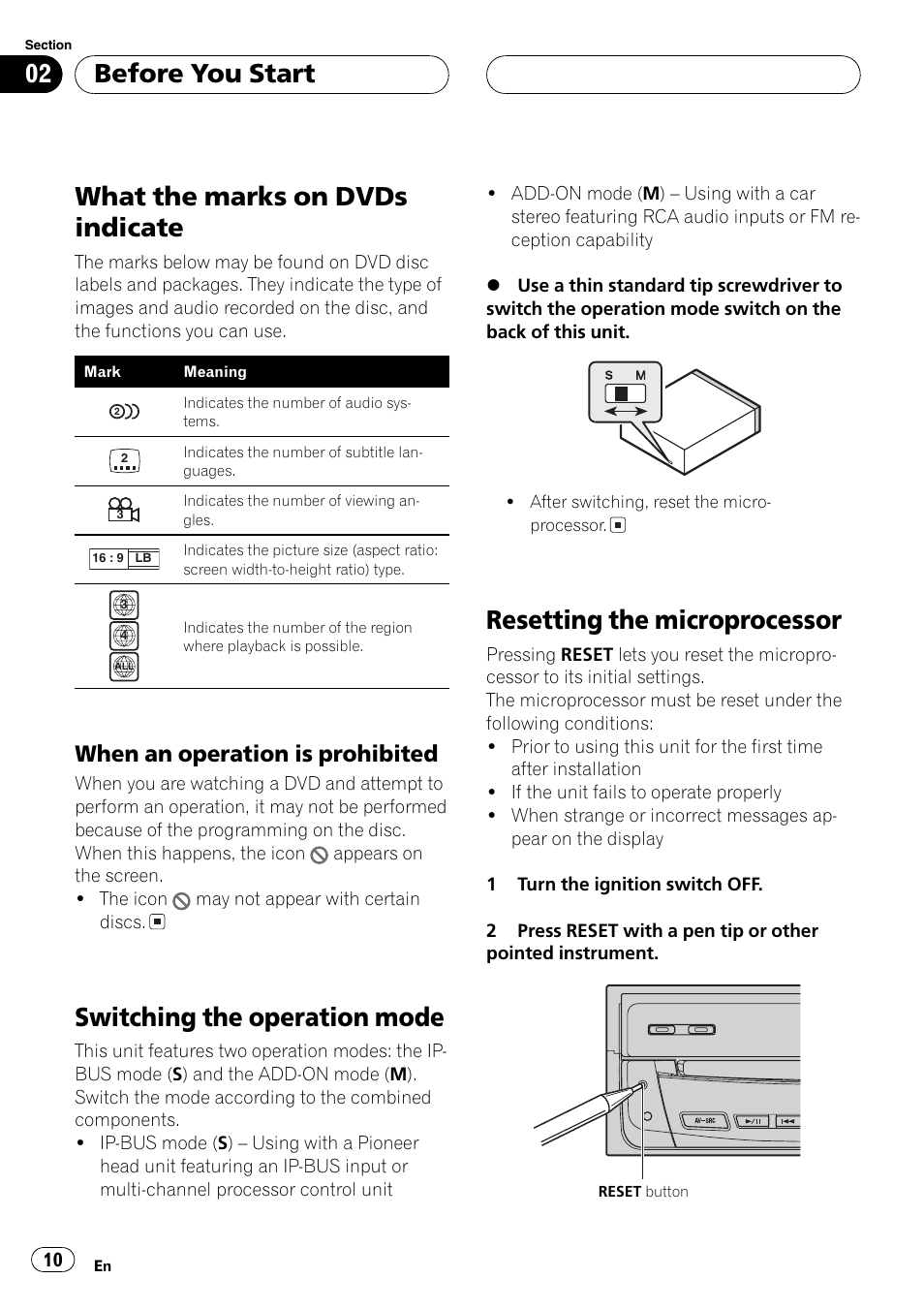 When an operation is prohibited 10, What the marks on dvds indicate, Switching the operation mode | Resetting the microprocessor, Before you start, When an operation is prohibited | Pioneer AVX-P7650DVD User Manual | Page 10 / 79