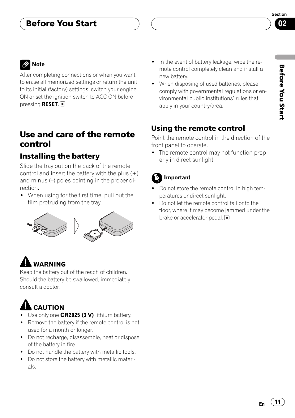 Use and care of the remote control 11, Use and care of the remote control, Before you start | Installing the battery, Using the remote control | Pioneer AVX-P7650DVD User Manual | Page 11 / 79