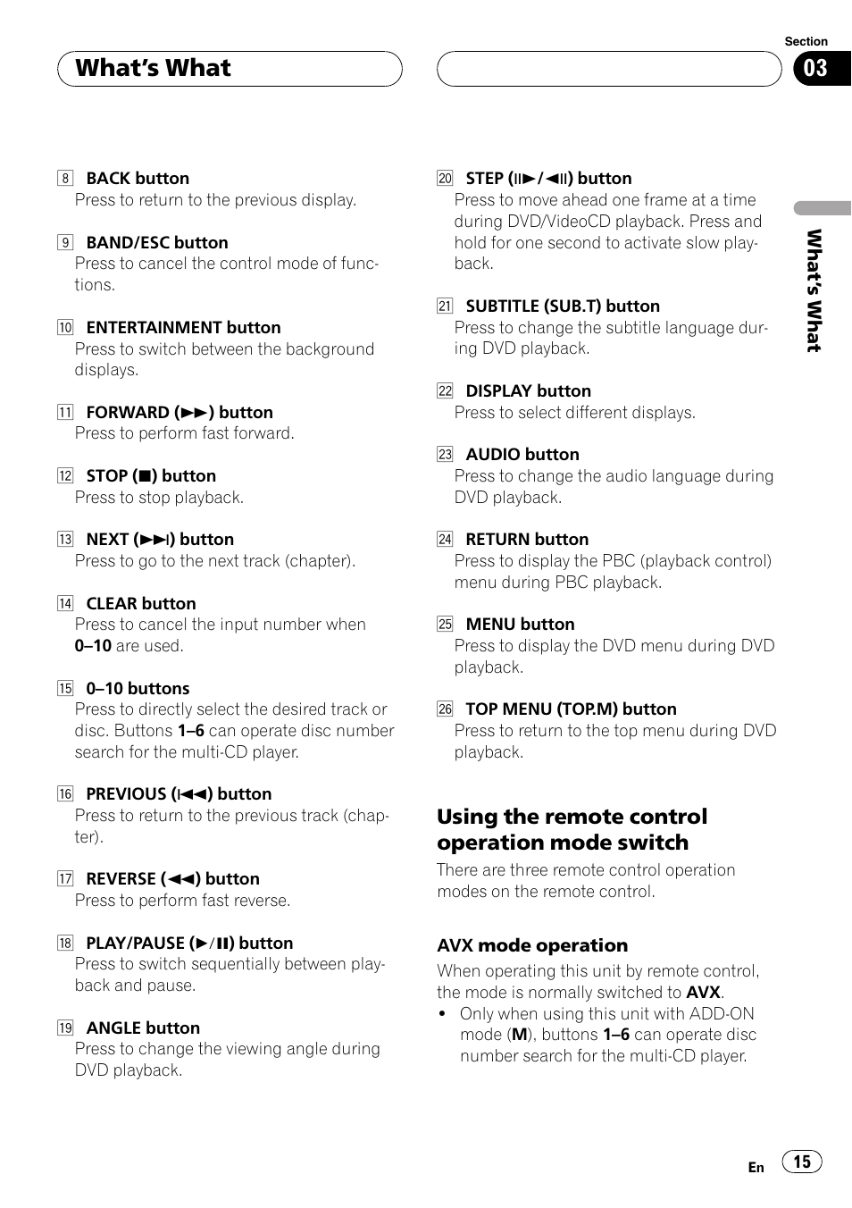 Using the remote control, Whats what, Using the remote control operation mode switch | Pioneer AVX-P7650DVD User Manual | Page 15 / 79