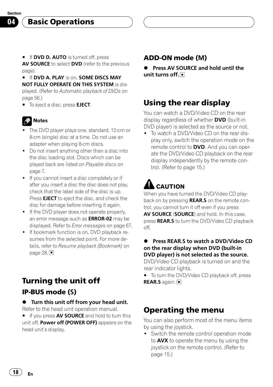 Turning the unit off, Using the rear display, Operating the menu | Basic operations, Ip-bus mode (s), Add-on mode (m) | Pioneer AVX-P7650DVD User Manual | Page 18 / 79