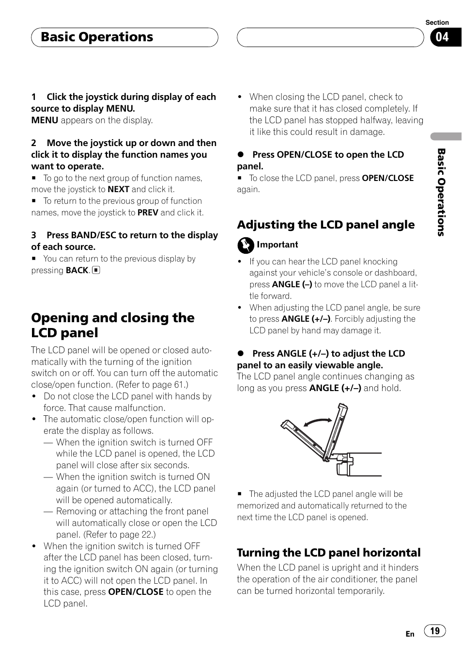 Opening and closing the lcd panel 19, Opening and closing the lcd panel, Basic operations | Adjusting the lcd panelangle, Turning the lcd panelhorizontal | Pioneer AVX-P7650DVD User Manual | Page 19 / 79