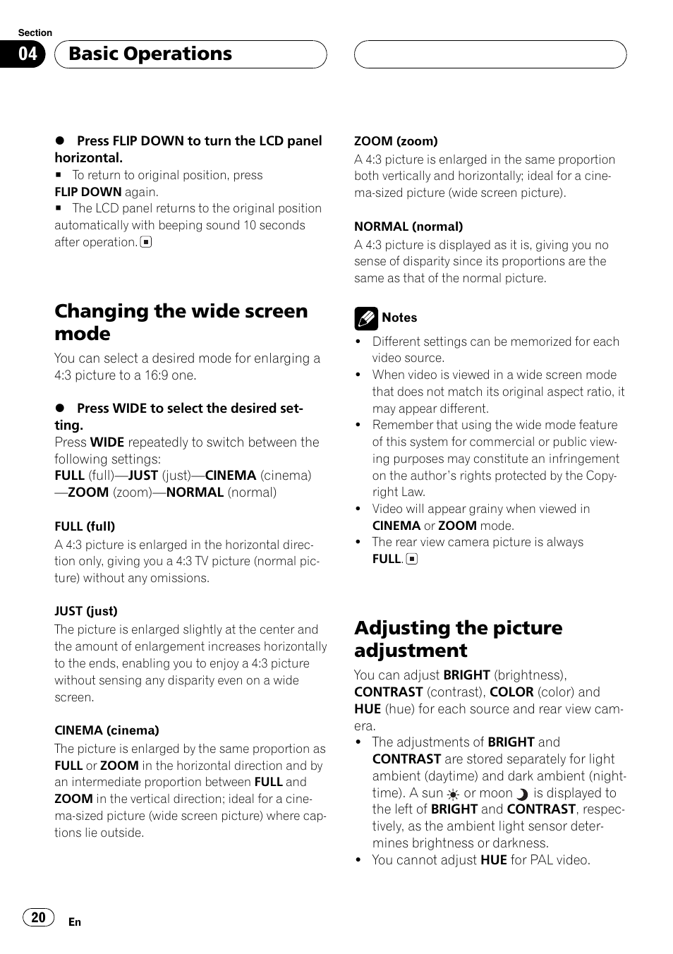 Changing the wide screen mode, Adjusting the picture adjustment, Basic operations | Pioneer AVX-P7650DVD User Manual | Page 20 / 79