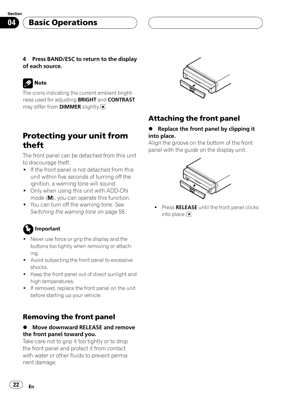 Protecting your unit from theft 22, Protecting your unit from theft, Basic operations | Removing the front panel, Attaching the front panel | Pioneer AVX-P7650DVD User Manual | Page 22 / 79