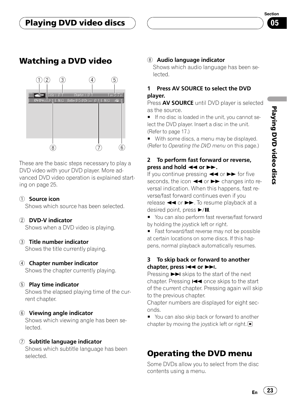 Watching a dvd video, Operating the dvd menu, Playing dvd video discs | Pioneer AVX-P7650DVD User Manual | Page 23 / 79