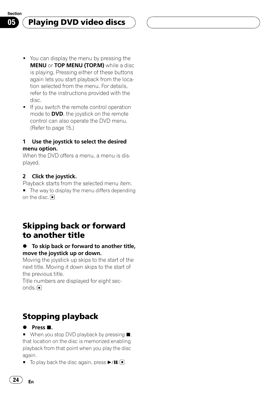 Skipping back or forward to another title, Stopping playback, Playing dvd video discs | Pioneer AVX-P7650DVD User Manual | Page 24 / 79