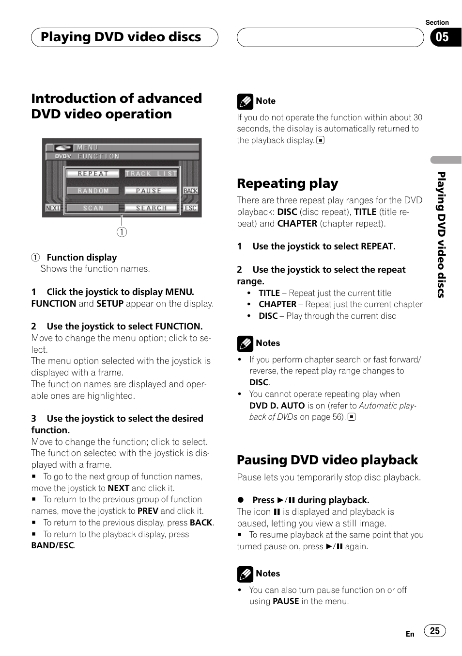 Introduction of advanced dvd video, Operation 25, Repeating play 25 pausing dvd video playback 25 | Introduction of advanced dvd video operation, Repeating play, Pausing dvd video playback, Playing dvd video discs | Pioneer AVX-P7650DVD User Manual | Page 25 / 79