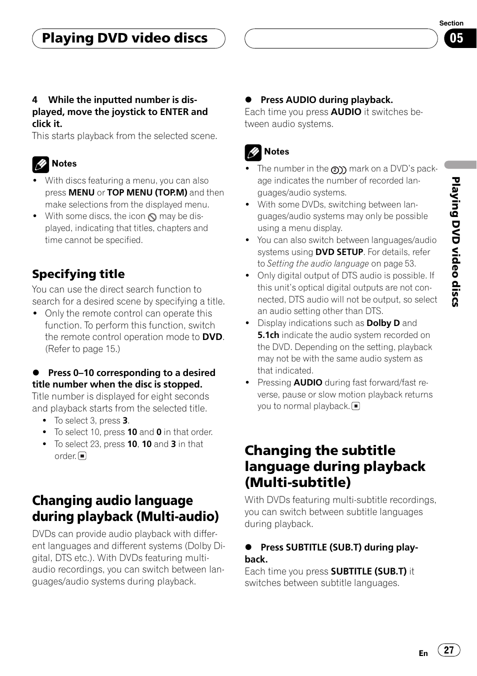 Changing audio language during playback, Multi-audio) 27, Changing the subtitle language during | Playback (multi-subtitle) 27, Playing dvd video discs, Specifying title | Pioneer AVX-P7650DVD User Manual | Page 27 / 79