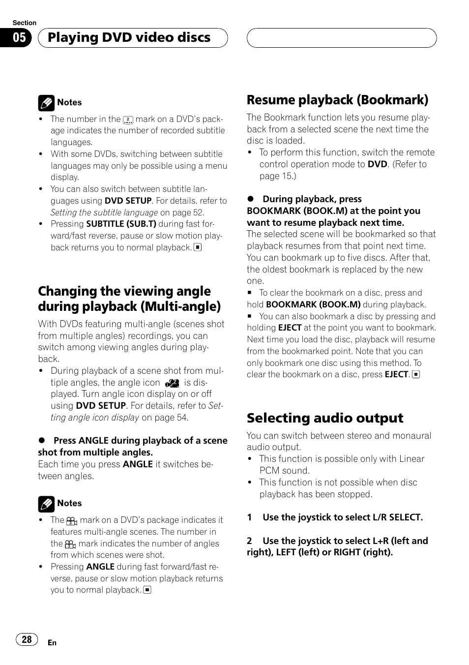 Changing the viewing angle during playback, Multi-angle) 28, Resume playback | Resume playback (bookmark), Selecting audio output, Playing dvd video discs | Pioneer AVX-P7650DVD User Manual | Page 28 / 79