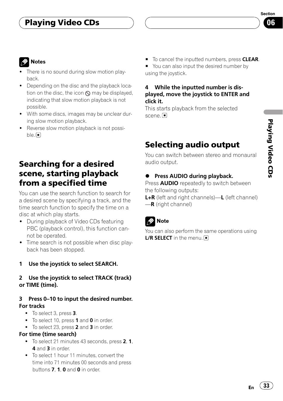 Searching for a desired scene, starting, Playback from a specified time 33, Selecting audio output 33 | Selecting audio output, Playing video cds | Pioneer AVX-P7650DVD User Manual | Page 33 / 79