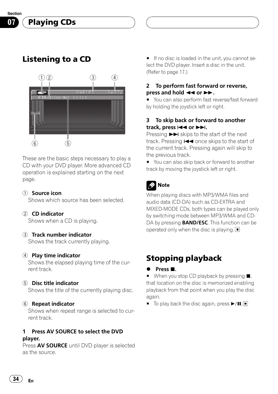Listening to a cd, Stopping playback, Playing cds | Pioneer AVX-P7650DVD User Manual | Page 34 / 79