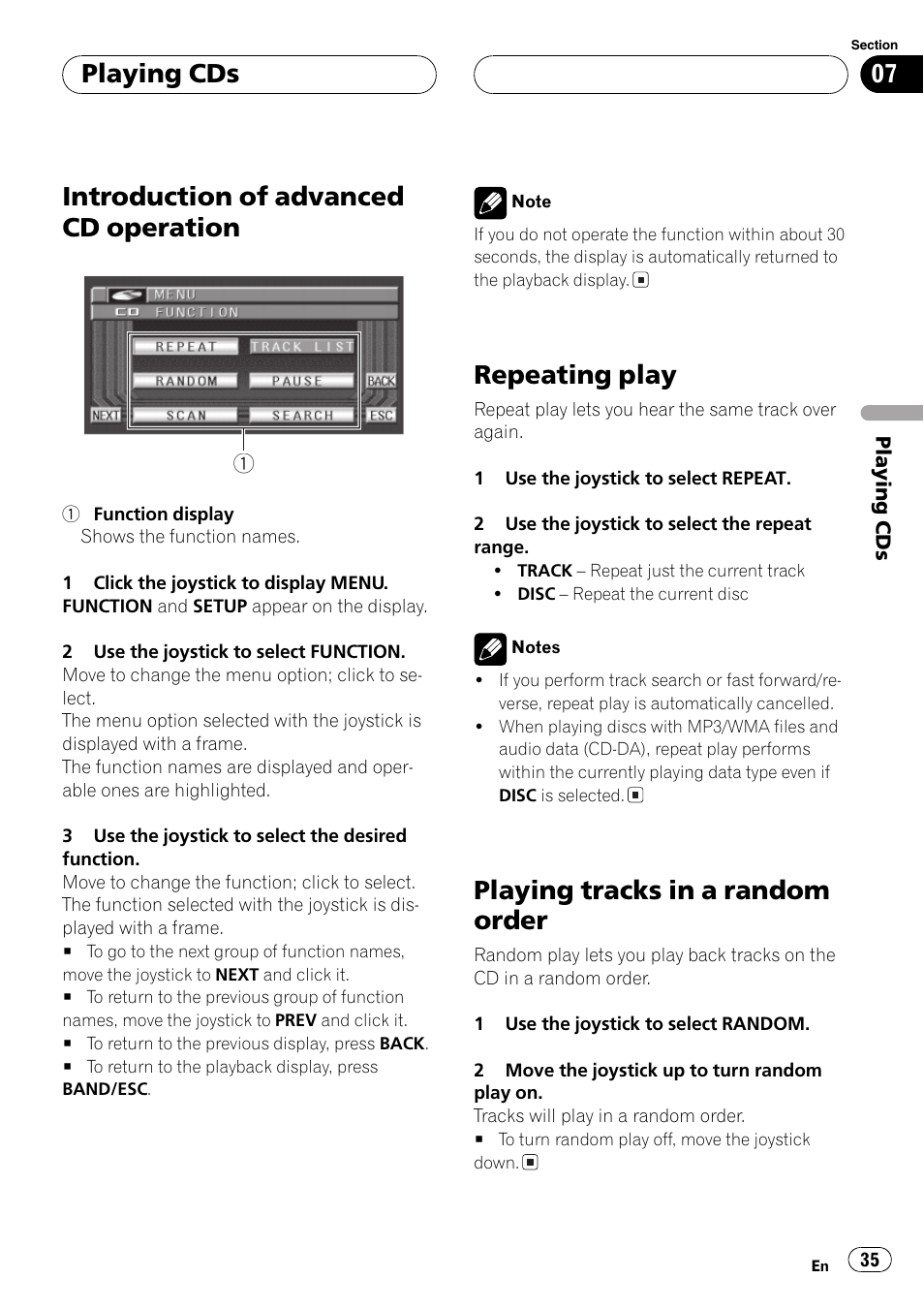 Introduction of advanced cd operation, Repeating play, Playing tracks in a random order | Playing cds | Pioneer AVX-P7650DVD User Manual | Page 35 / 79