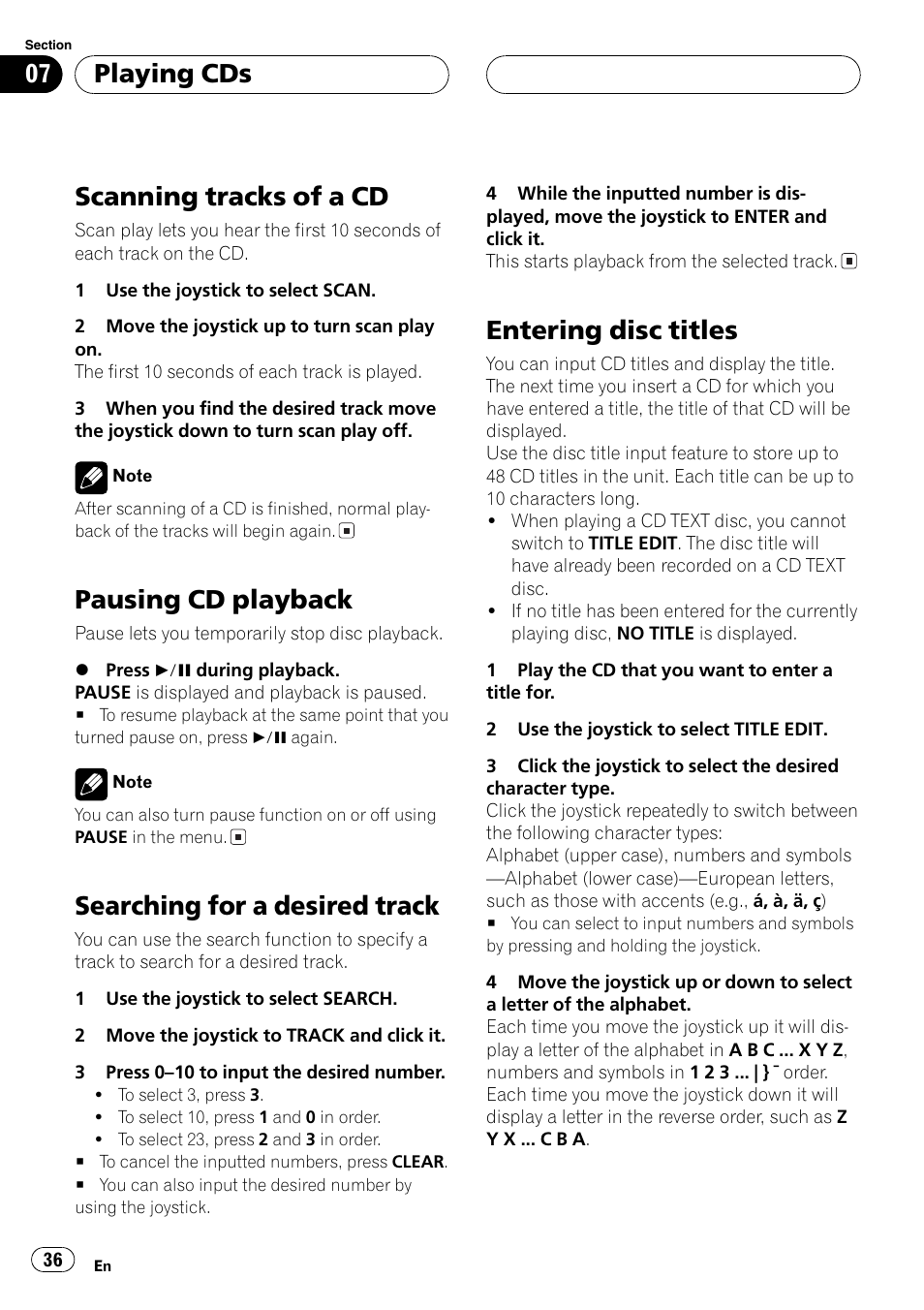 Scanning tracks of a cd, Pausing cd playback, Searching for a desired track | Entering disc titles, Playing cds | Pioneer AVX-P7650DVD User Manual | Page 36 / 79