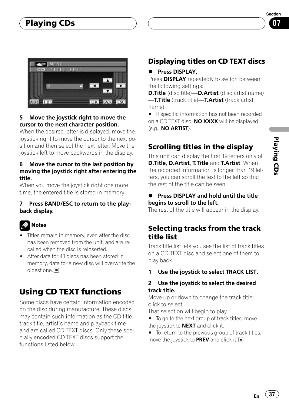 Using cd text functions 37, Using cd text functions, Playing cds | Displaying titles on cd text discs, Scrolling titles in the display, Selecting tracks from the track title list | Pioneer AVX-P7650DVD User Manual | Page 37 / 79