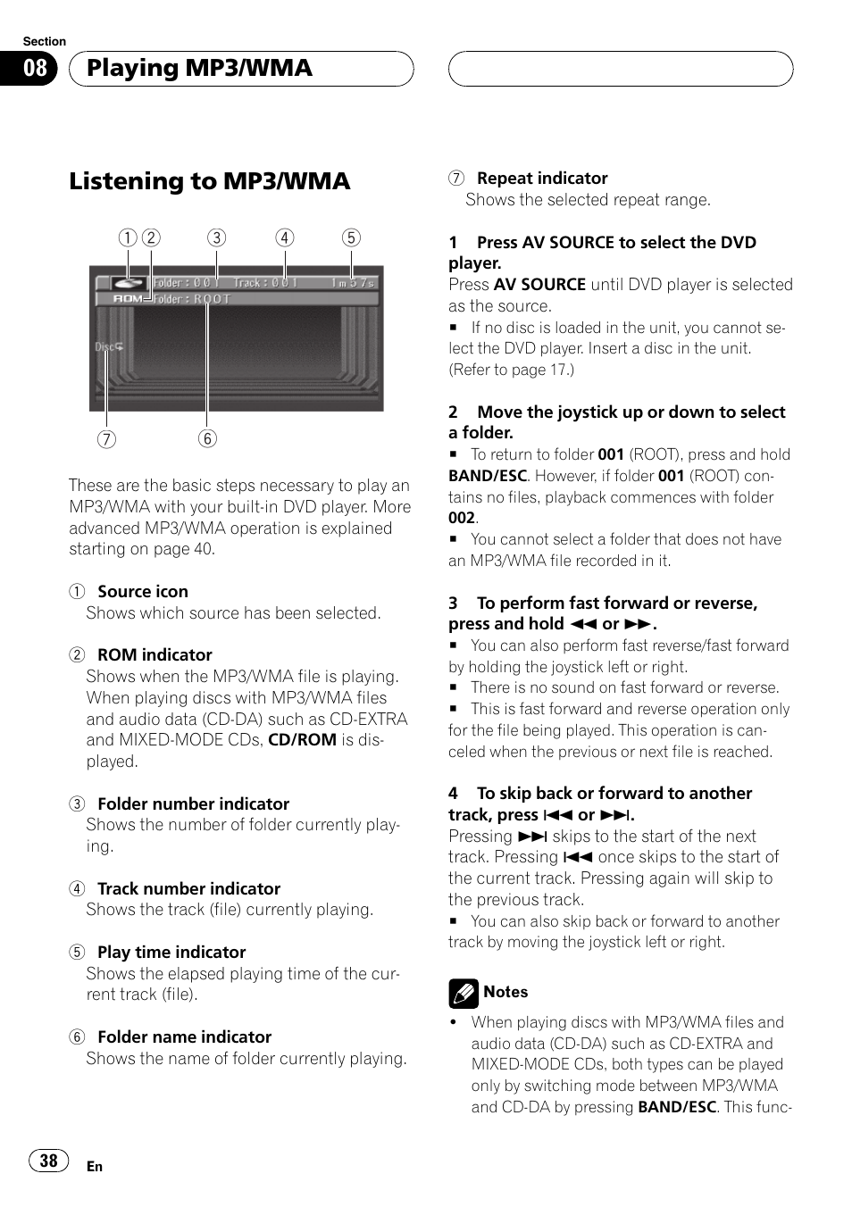 Playingmp3/wma listening to mp3/wma 38, Listening to mp3/wma, Playing mp3/wma | Pioneer AVX-P7650DVD User Manual | Page 38 / 79