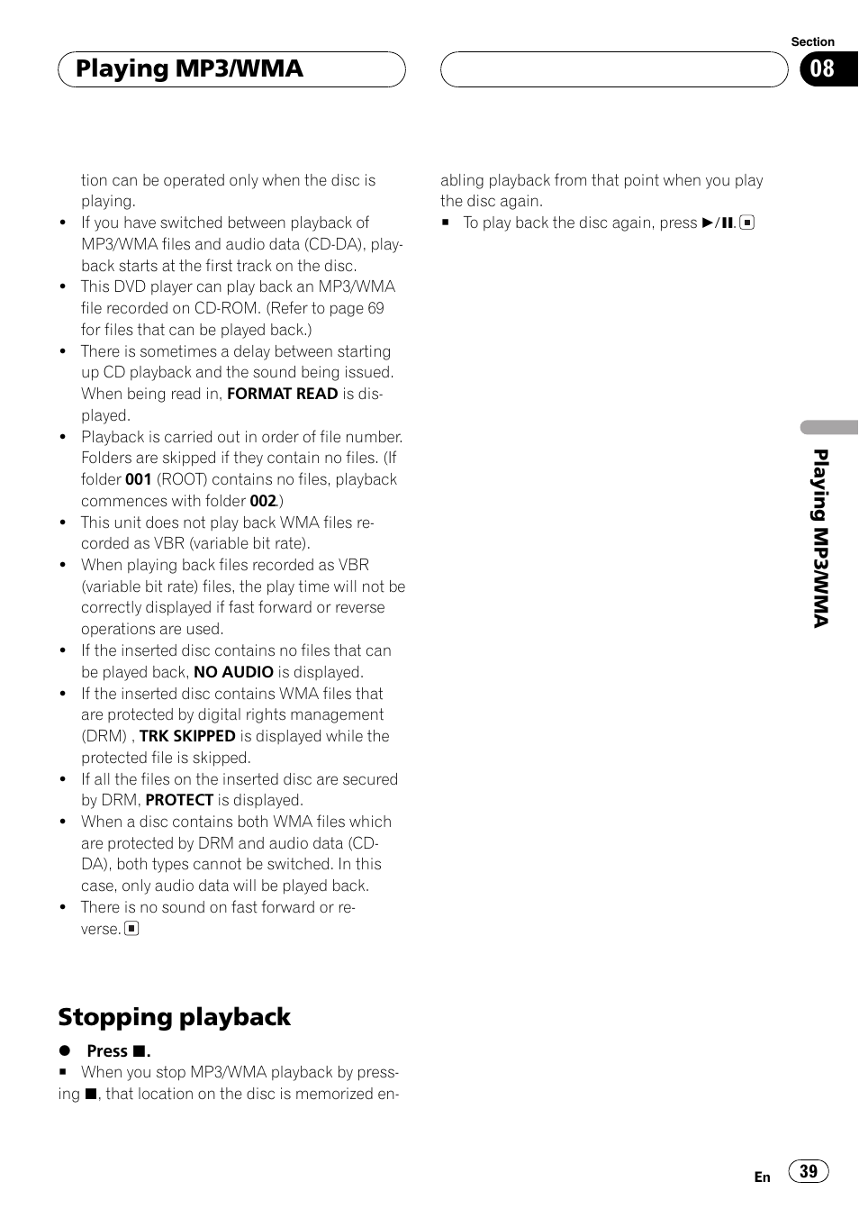 Stopping playback 39, Stopping playback, Playing mp3/wma | Pioneer AVX-P7650DVD User Manual | Page 39 / 79