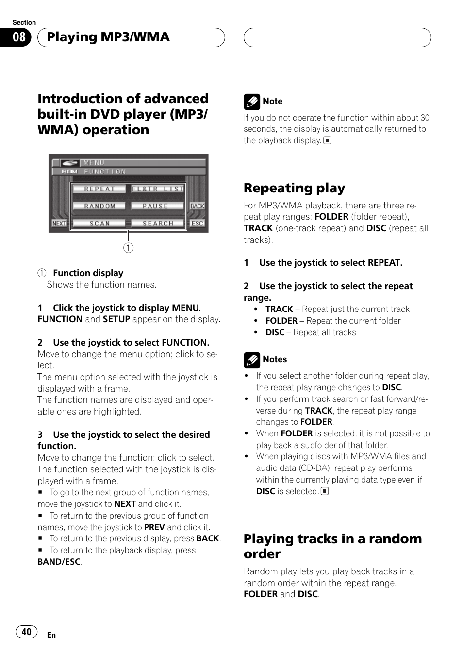 Introduction of advanced built-in dvd player, Mp3/wma) operation 40, Repeating play | Playing tracks in a random order, Playing mp3/wma | Pioneer AVX-P7650DVD User Manual | Page 40 / 79