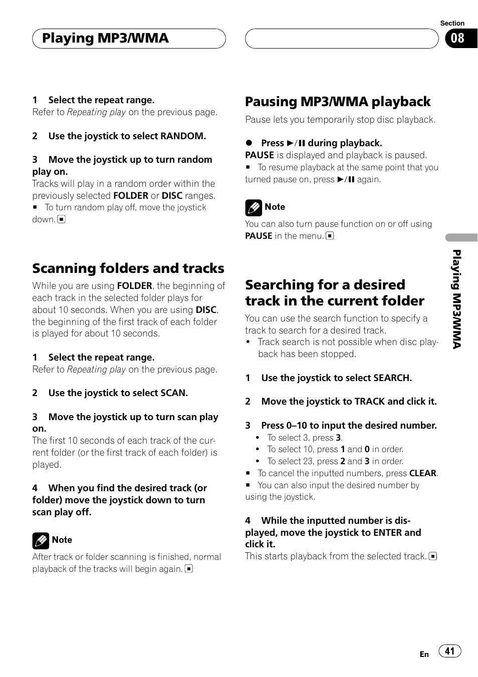 Folder 41, Scanning folders and tracks, Pausing mp3/wma playback | Playing mp3/wma | Pioneer AVX-P7650DVD User Manual | Page 41 / 79