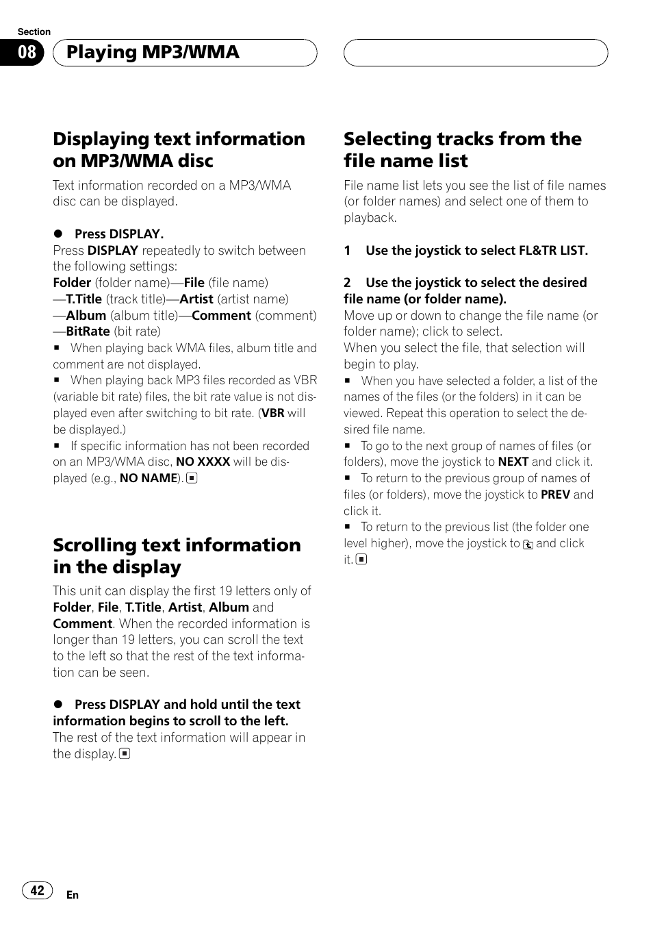 Displaying text information on mp3/wma, Disc 42, Displaying text information on mp3/wma disc | Scrolling text information in the display, Selecting tracks from the file name list, Playing mp3/wma | Pioneer AVX-P7650DVD User Manual | Page 42 / 79