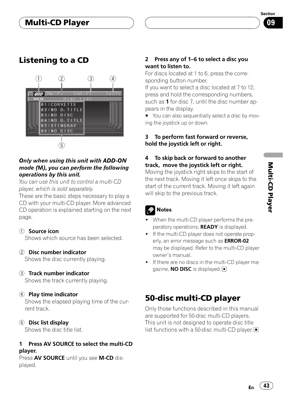 Listening to a cd, Disc multi-cd player, Multi-cd player | Pioneer AVX-P7650DVD User Manual | Page 43 / 79