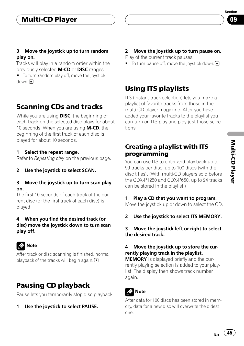 Scanning cds and tracks, Pausing cd playback, Using its playlists | Multi-cd player | Pioneer AVX-P7650DVD User Manual | Page 45 / 79