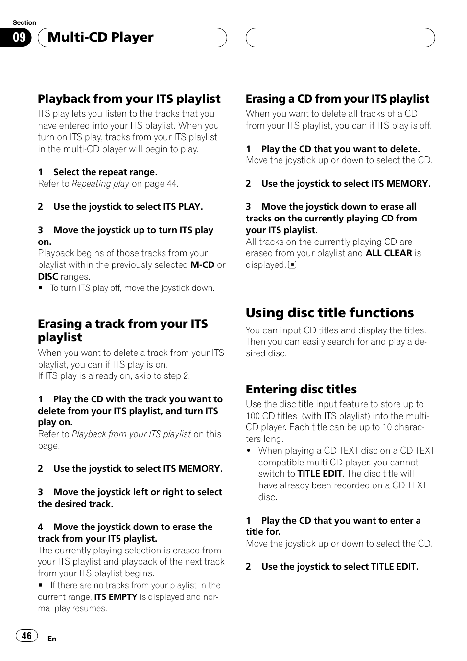 Using disc title functions 46, Using disc title functions, Multi-cd player | Playback from your its playlist, Erasing a track from your its playlist, Erasing a cd from your its playlist, Entering disc titles | Pioneer AVX-P7650DVD User Manual | Page 46 / 79