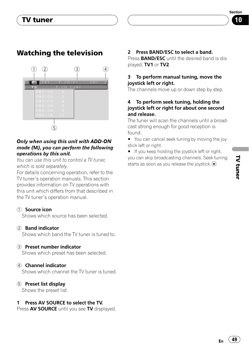 Tv tuner watching the television 49, Watching the television, Tv tuner | Pioneer AVX-P7650DVD User Manual | Page 49 / 79