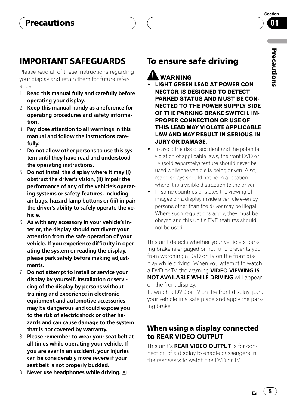 Important safeguards, Precautions | Pioneer AVX-P7650DVD User Manual | Page 5 / 79