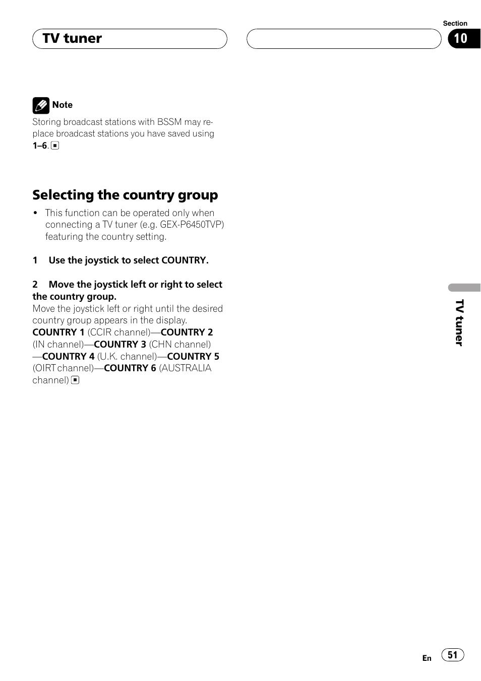 Selecting the country group 51, Selecting the country group, Tv tuner | Pioneer AVX-P7650DVD User Manual | Page 51 / 79