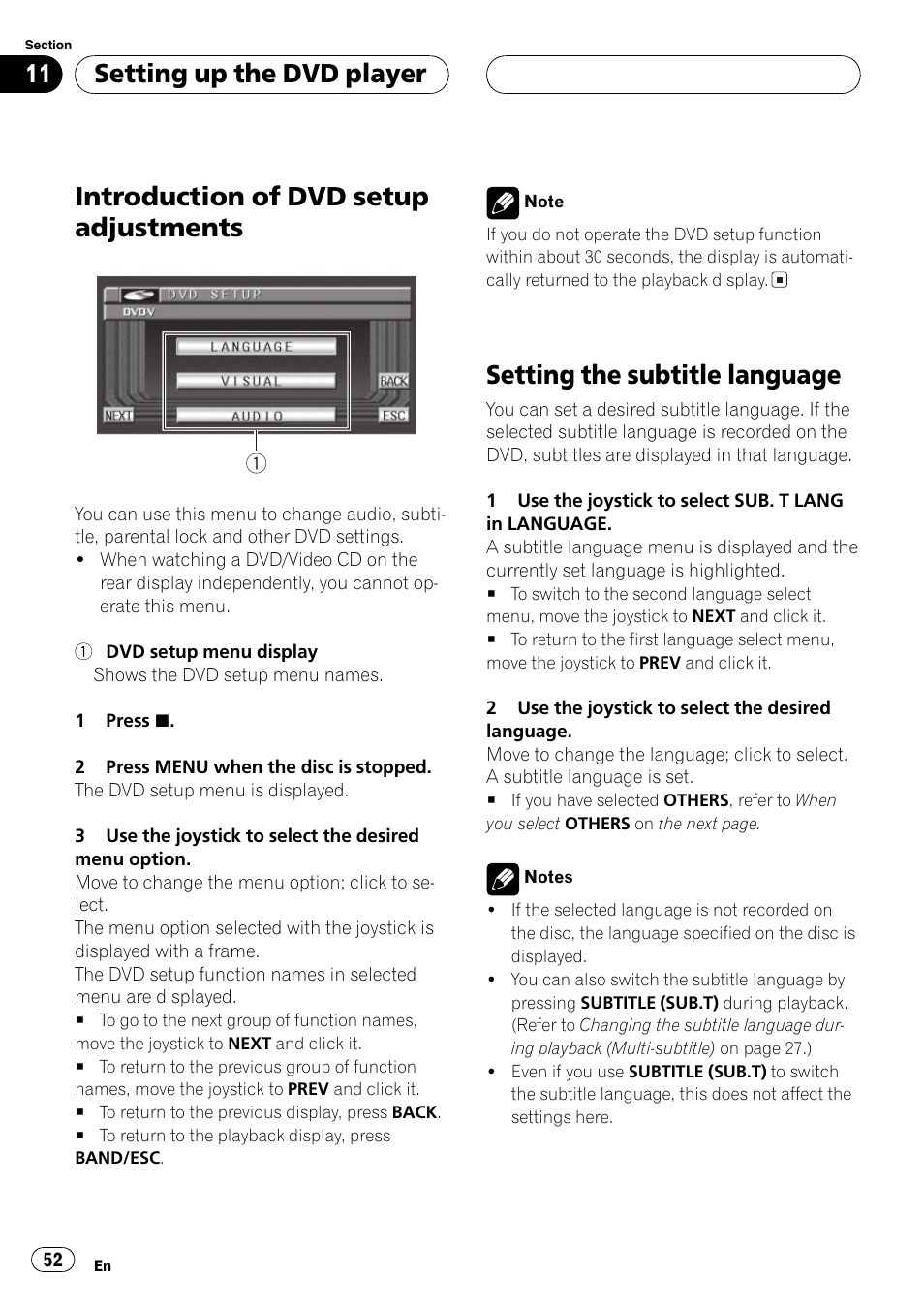 Introduction of dvd setup adjustments, Setting the subtitle language, Setting up the dvd player | Pioneer AVX-P7650DVD User Manual | Page 52 / 79