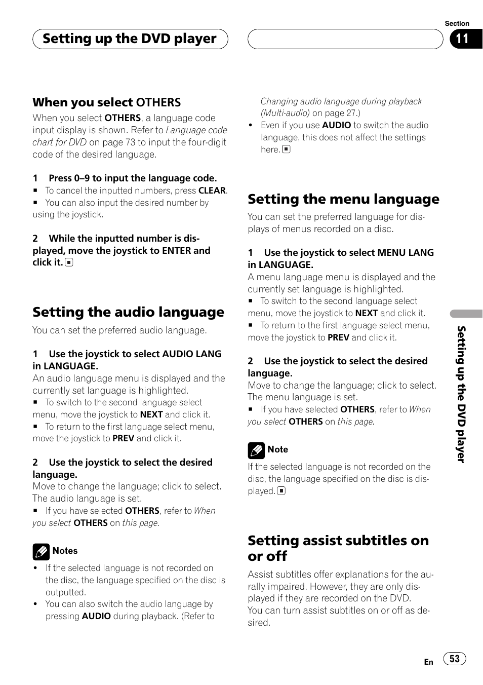 Setting the audio language, Setting the menu language, Setting assist subtitles on or off | Setting up the dvd player | Pioneer AVX-P7650DVD User Manual | Page 53 / 79