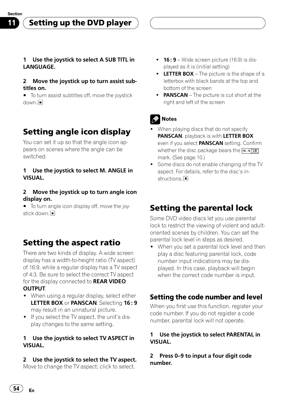 Setting angle icon display, Setting the aspect ratio, Setting the parentallock | Setting up the dvd player, Setting the code number and level | Pioneer AVX-P7650DVD User Manual | Page 54 / 79