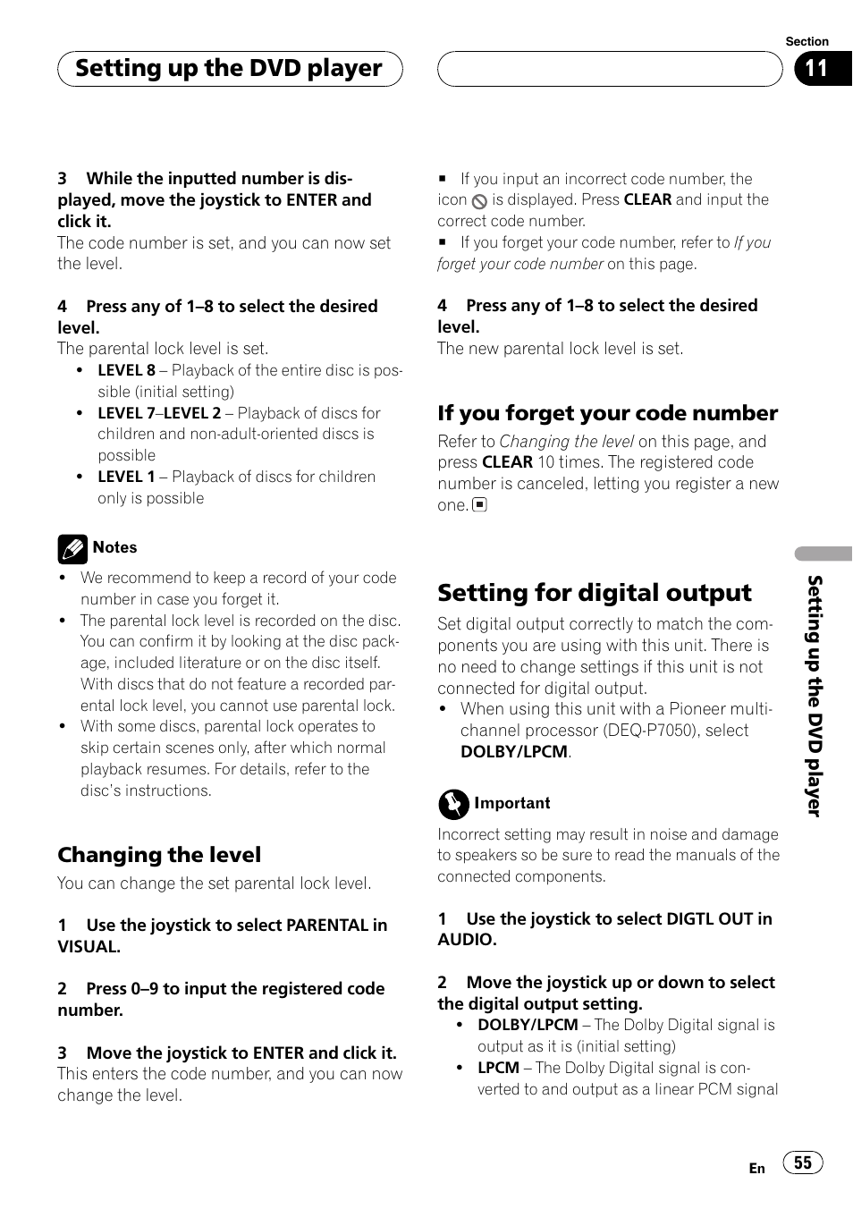 Setting for digital output 55, Setting for digitaloutput, Setting up the dvd player | Changing the level, If you forget your code number | Pioneer AVX-P7650DVD User Manual | Page 55 / 79