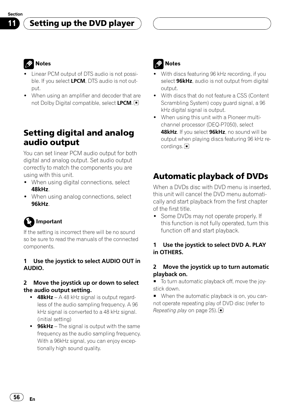 Setting digitaland analog audio output, Automatic playback of dvds, Setting up the dvd player | Pioneer AVX-P7650DVD User Manual | Page 56 / 79