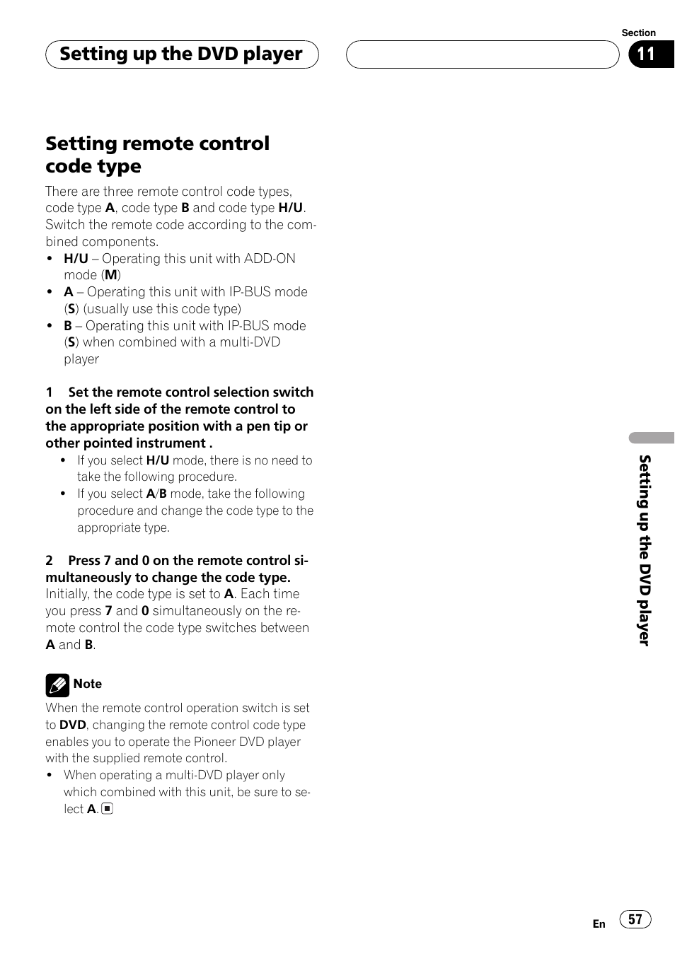 Setting remote control code type 57, Setting remote, Setting remote control code type | Setting up the dvd player | Pioneer AVX-P7650DVD User Manual | Page 57 / 79