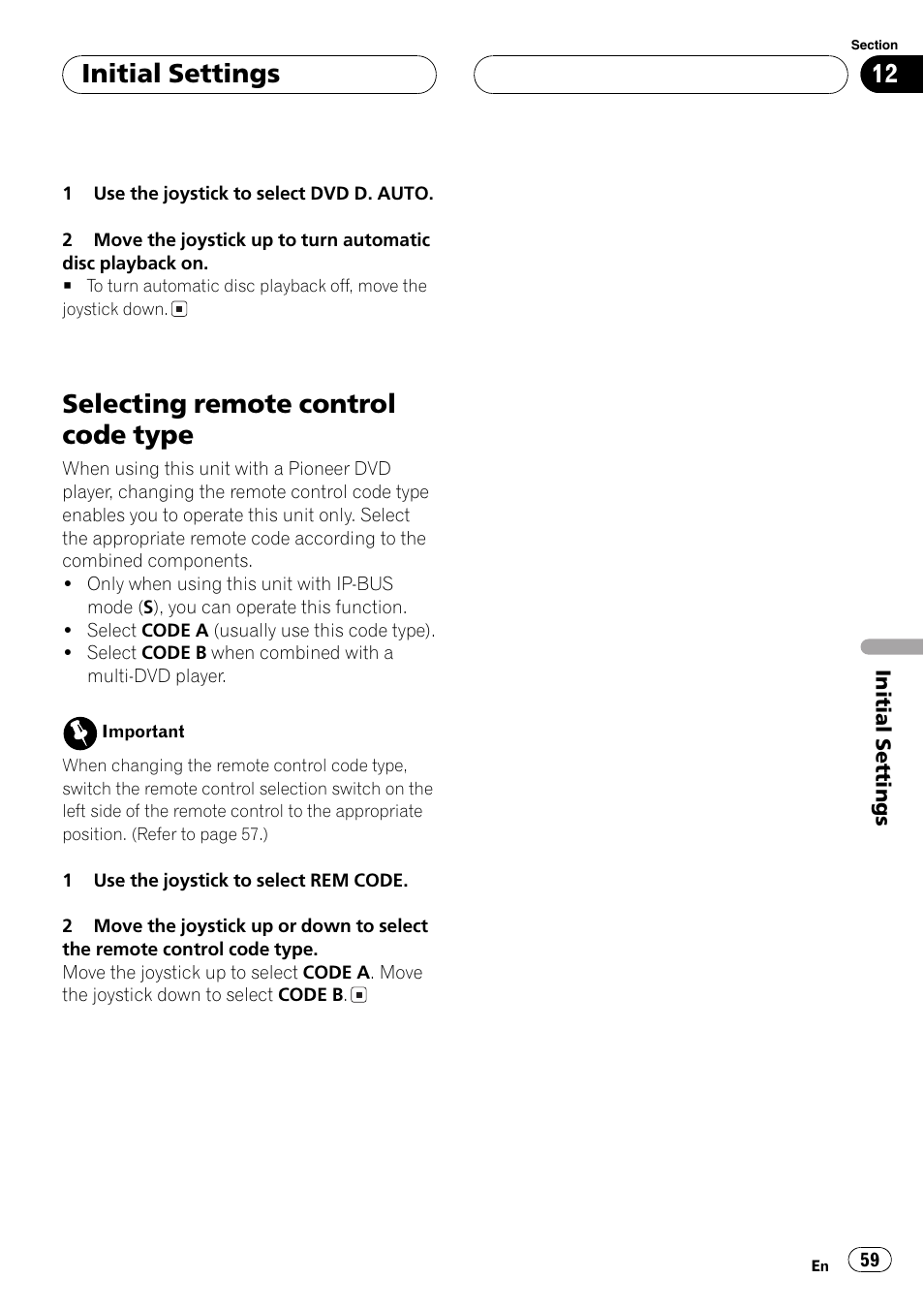 Selecting remote control code type 59, Selecting, Selecting remote control code type | Initialsettings | Pioneer AVX-P7650DVD User Manual | Page 59 / 79