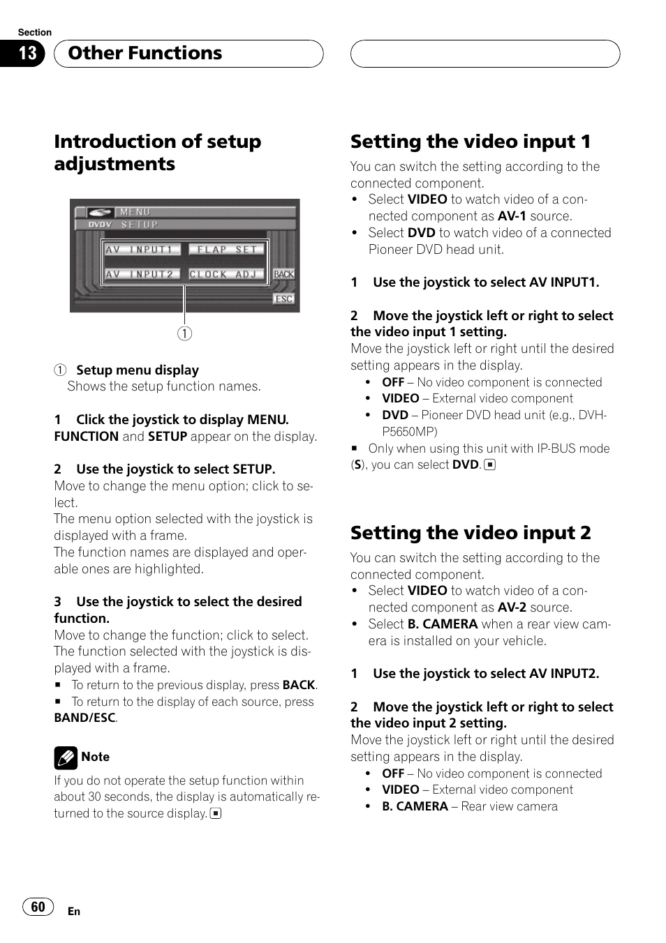 Introduction of setup adjustments, Setting the video input 1, Setting the video input 2 | Other functions | Pioneer AVX-P7650DVD User Manual | Page 60 / 79