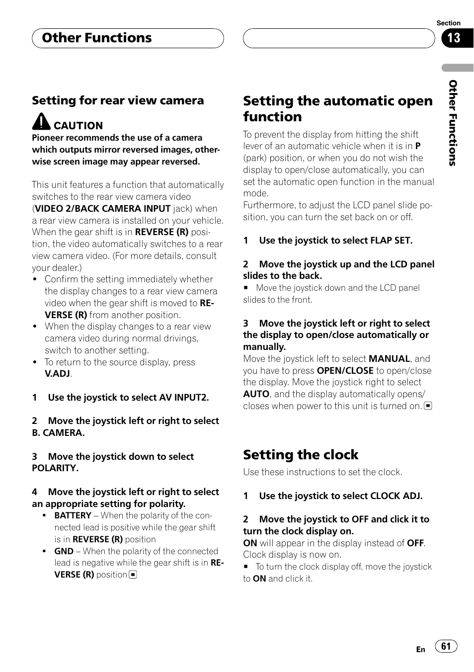 Setting the automatic open function, Setting the clock, Other functions | Setting for rear view camera | Pioneer AVX-P7650DVD User Manual | Page 61 / 79