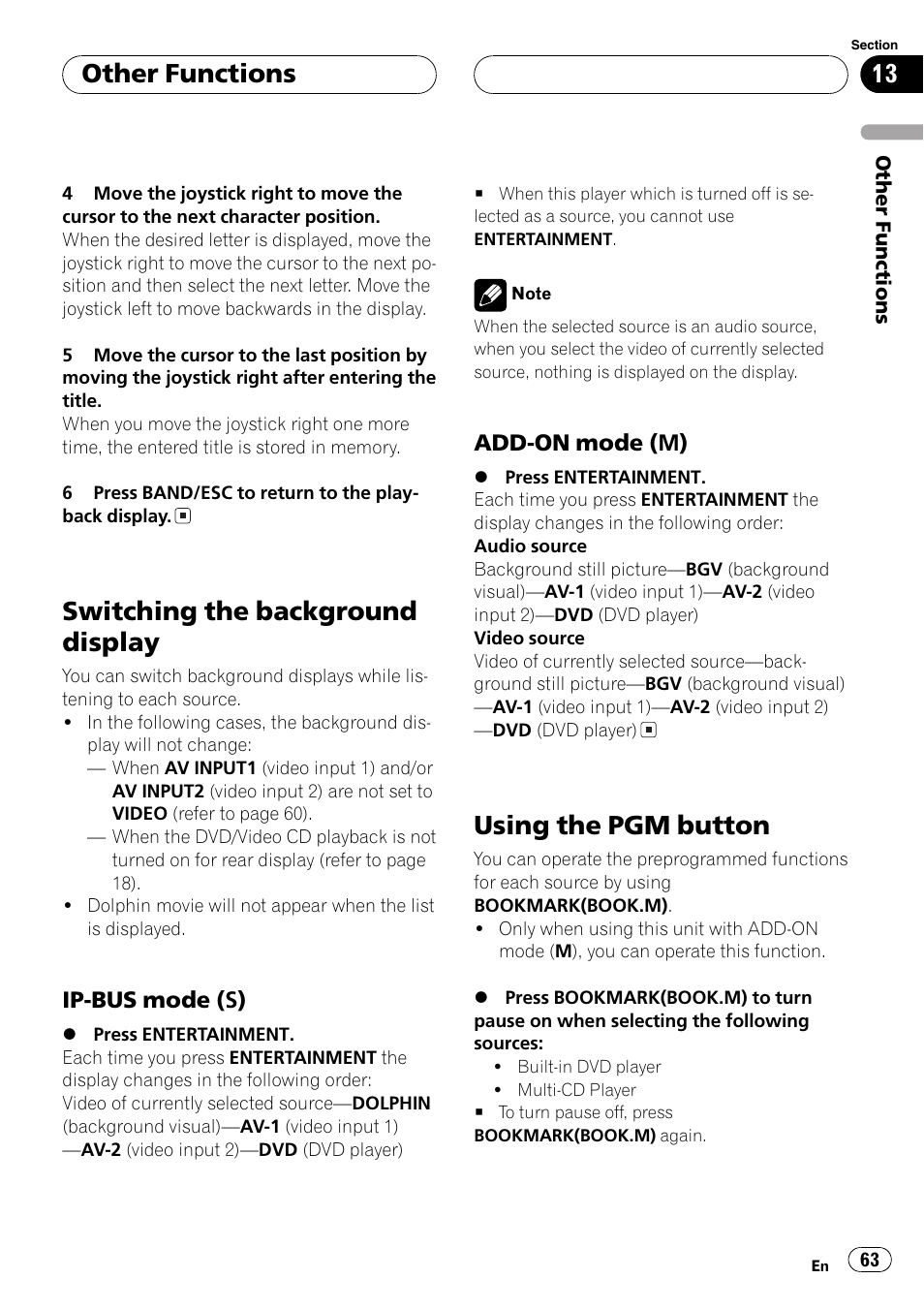 Using the, Switching the background display, Using the pgm button | Other functions | Pioneer AVX-P7650DVD User Manual | Page 63 / 79